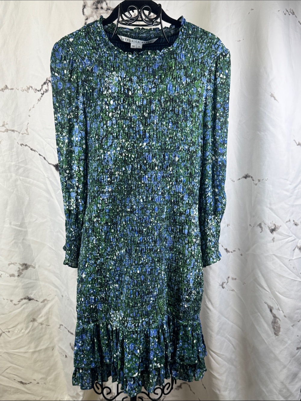 Veronica Beard Farha Floral Minidress Smocked Ruffle-Hem 3/4 Sleeve Green Blue